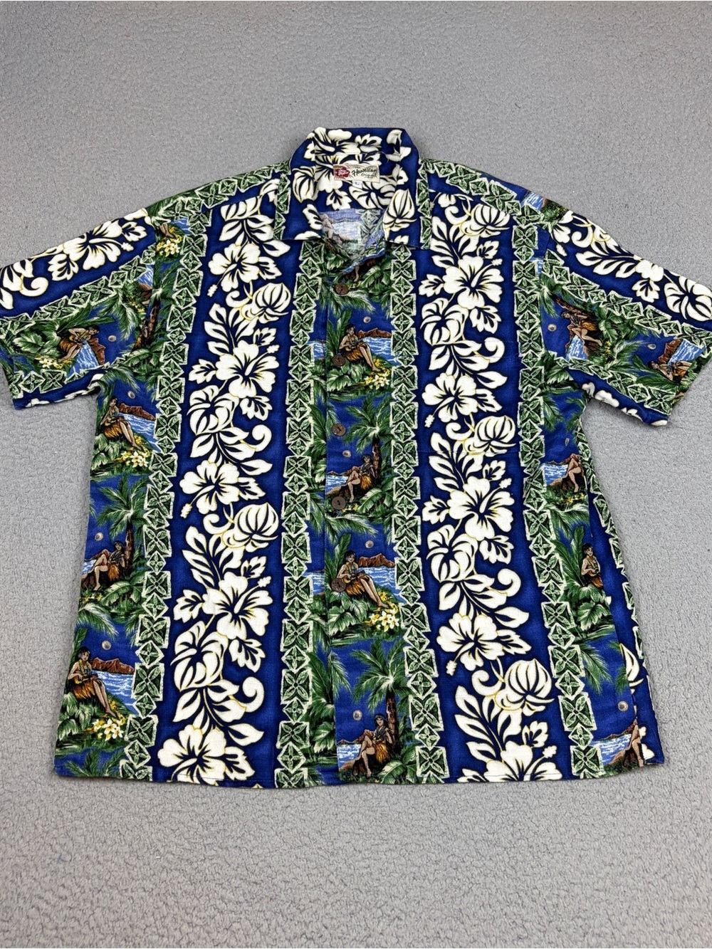 Vtg Hilo Hattie Aloha Hawaiian Shirt Mens L Blue Textured Floral Print Style 516
